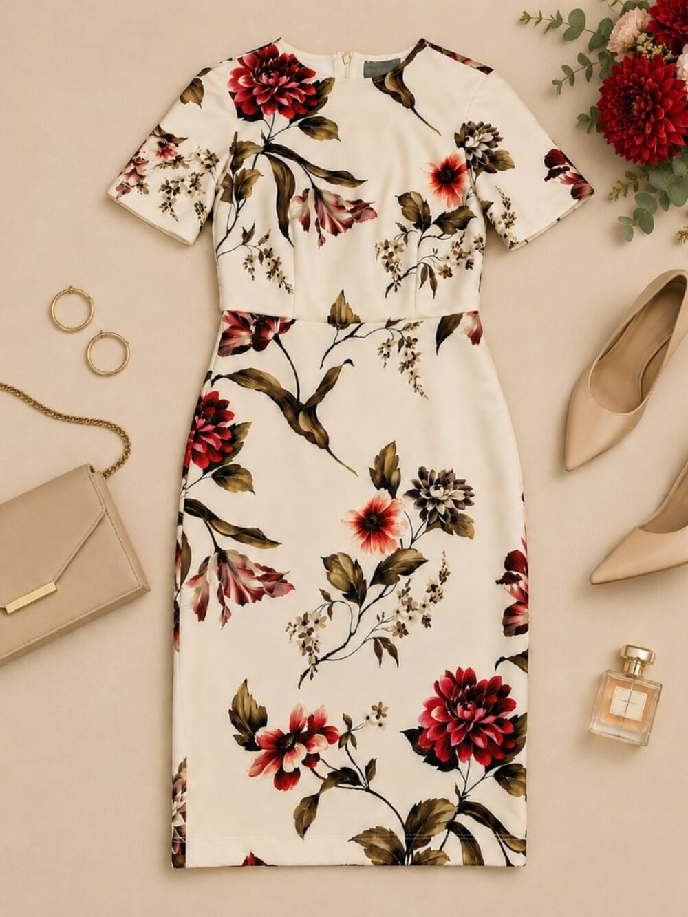 ASOS Cream Midi Dress with Red & Brown Floral Print Size 4